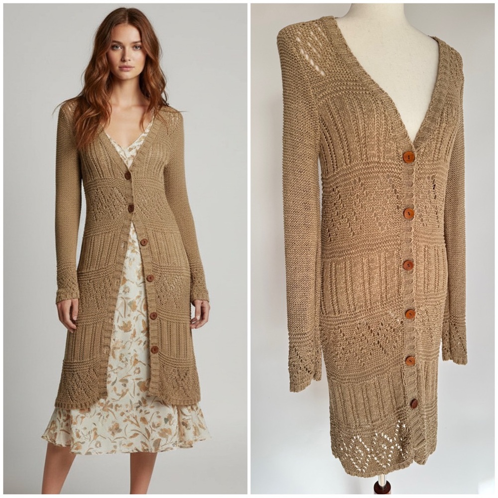 BCBG MaxAzria Womens Cardigan L Tan Crochet Stretch Duster Fairy Grunge Y2K